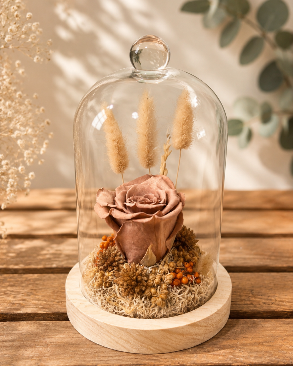 Rose éternelle pêche et fleurs séchées sous cloche de verre