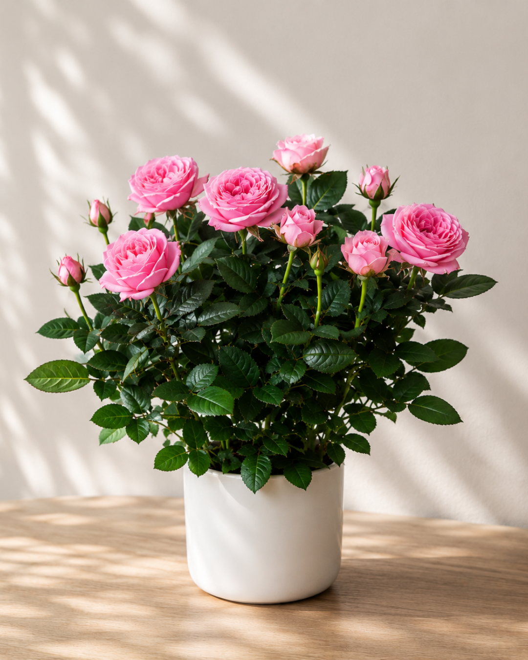 Rosier en pot à fleurs roses