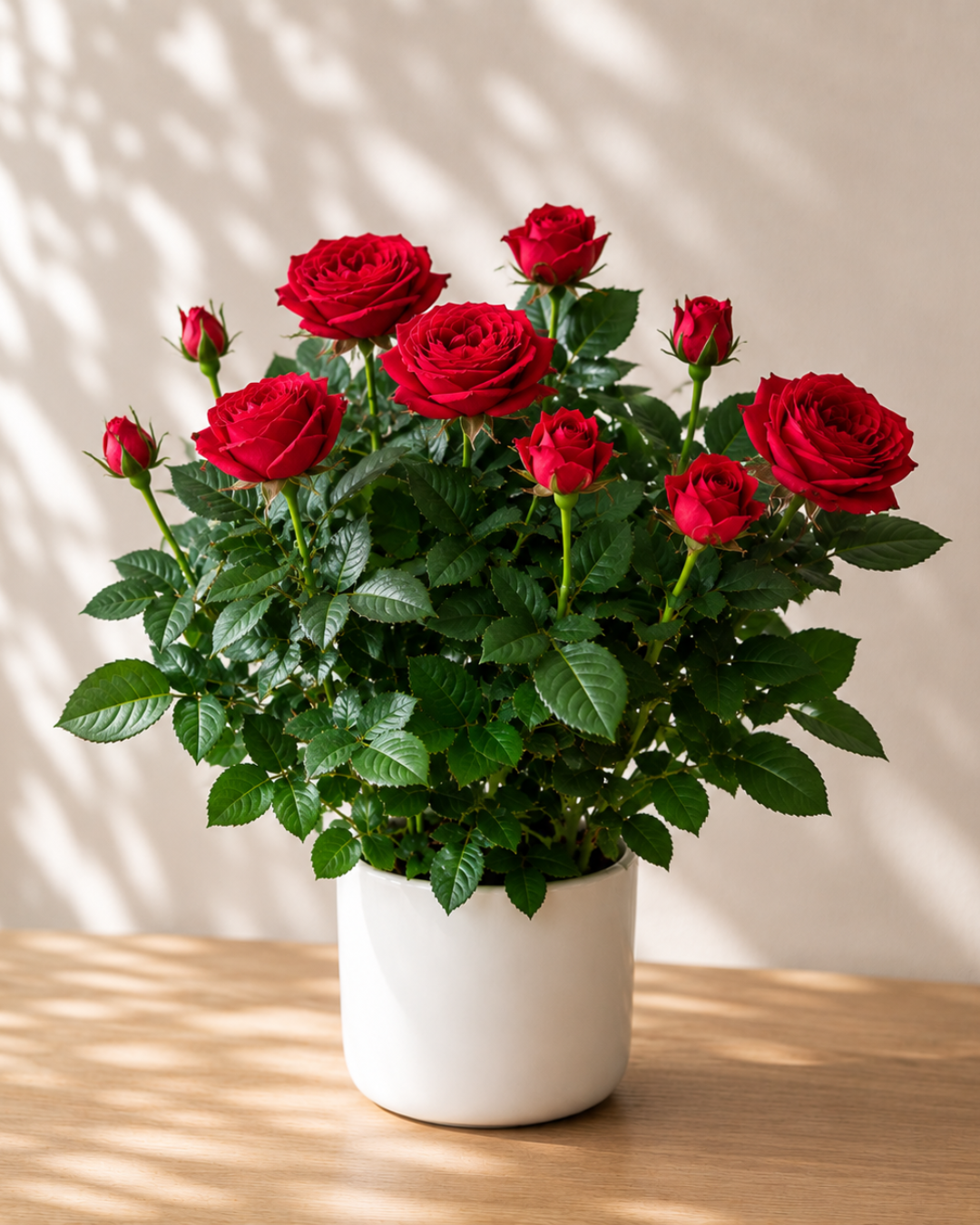 Rosier en pot à fleurs rouges