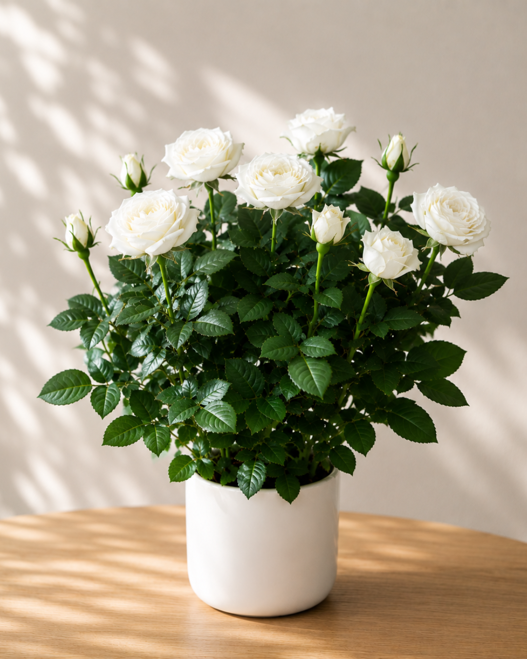 Rosier en pot à fleurs blanches