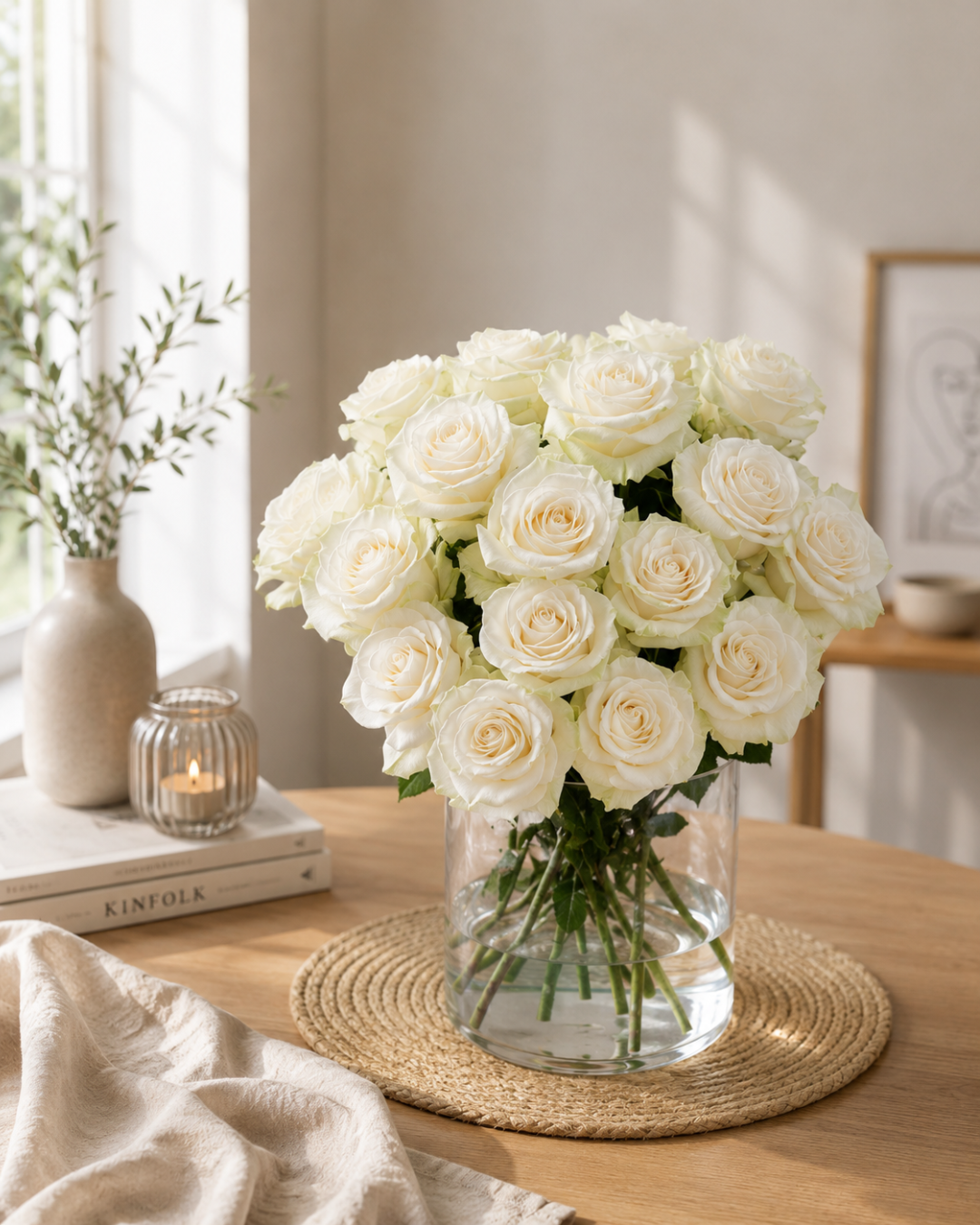Bouquet de roses blanches dans un vase en verre sur une table en bois