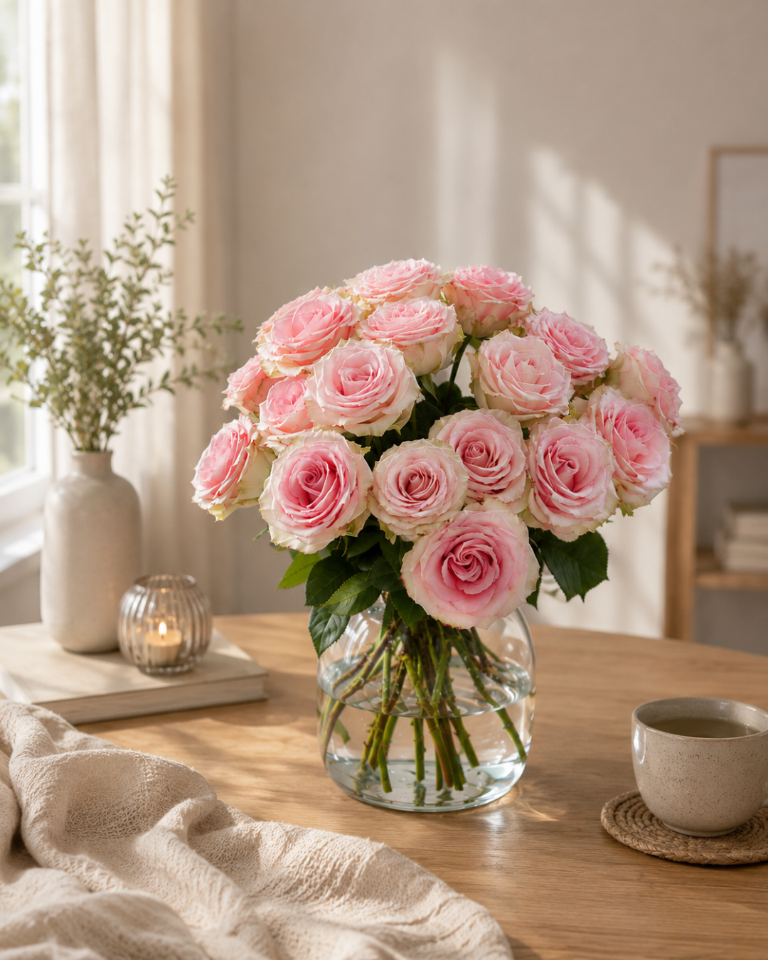 Bouquet de roses roses dans un vase en verre sur une table en bois
