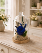Rose éternelle et fleurs séchées sous cloche
