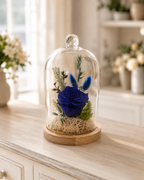 Rose éternelle et fleurs séchées sous cloche